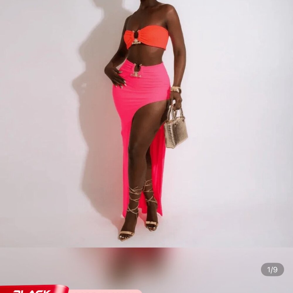 Sexy Women Fashion, Two Piece Set Strapless Crop Top, High Low Skirt Pink Orange